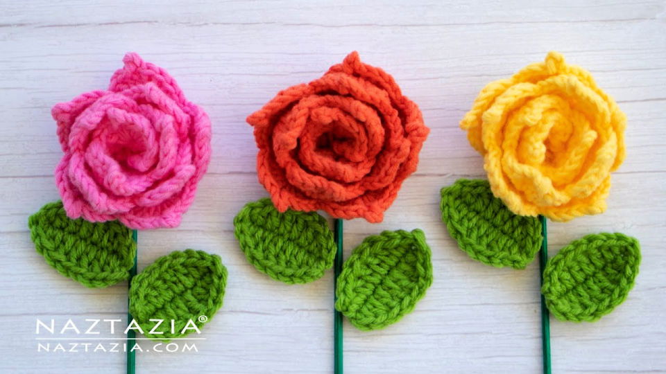 Crochet Rose Flower and Leaf - Step by Step Instructions