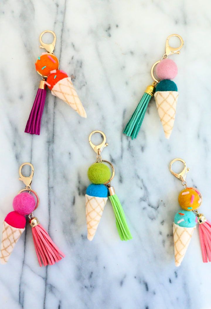 DIY Felt Ball Ice Cream Cone Keychains
