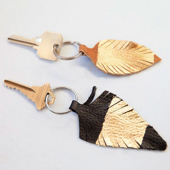 Gold Accented Leather Feather Keychain