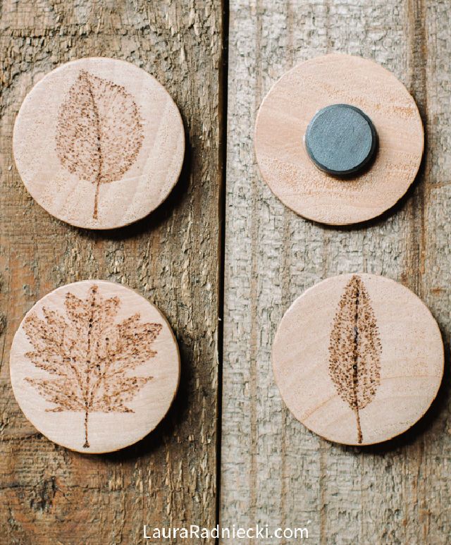 Wood Burned Leaf Magnets Design on Wood Slices