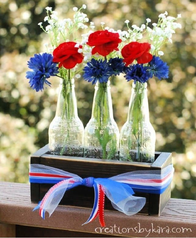 Rustic Crate With Bottle Vases 4th of July Centerpiece 