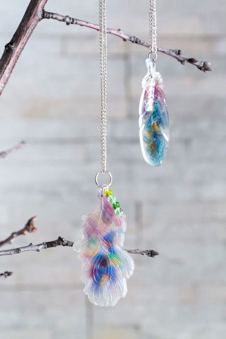 Watercolor Resin Feather Pendant Necklace