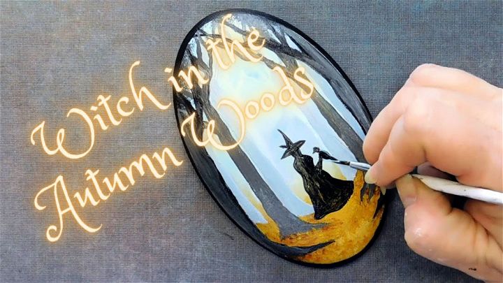 DIY Witch in the Autumn Woods Halloween Rock Painting