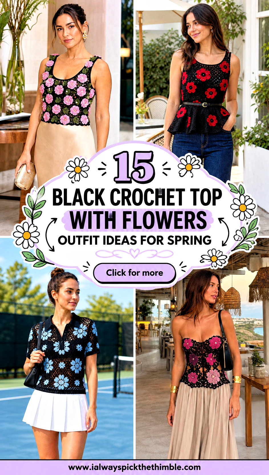 15 Black Crochet Top with Flowers Outfit Ideas for Spring - 15 Black Crochet Top with Flowers Outfit Ideas for Spring