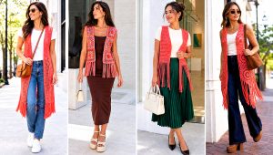 15 Coral Fringe Vest in Knit Crochet Boho Style Outfit Ideas