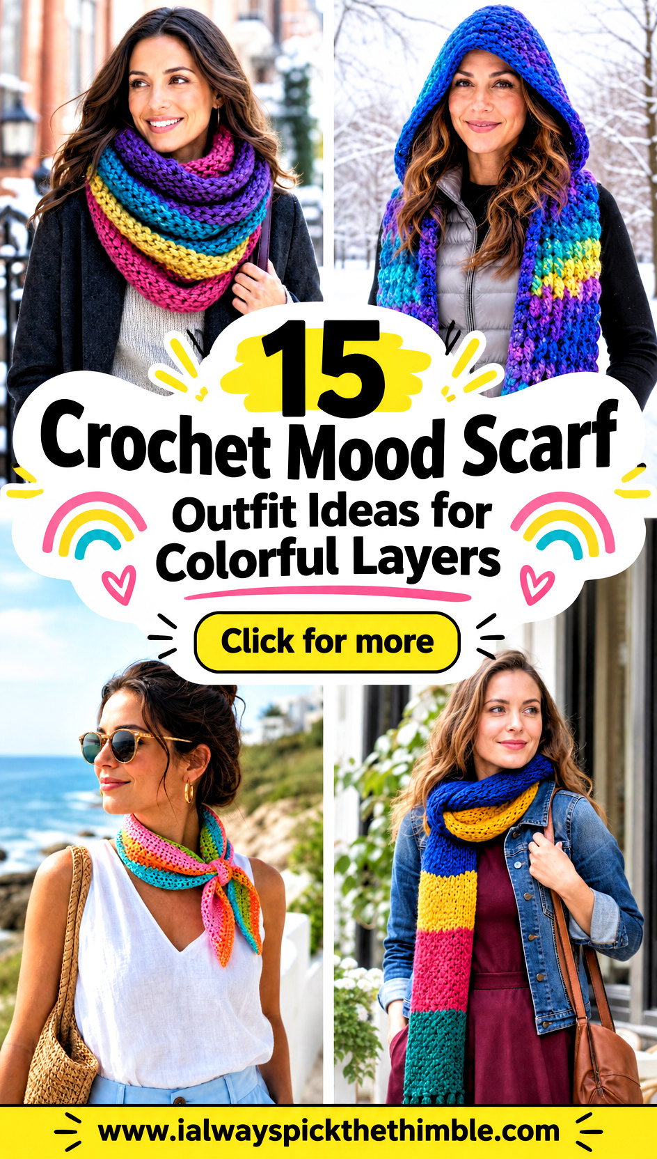 15 Crochet Mood Scarf Outfit Ideas for Colorful Layers - 15 Crochet Mood Scarf Outfit Ideas for Colorful Layers