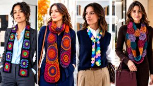 15 Crochet Scarf With Colorful Circles Outfit Ideas
