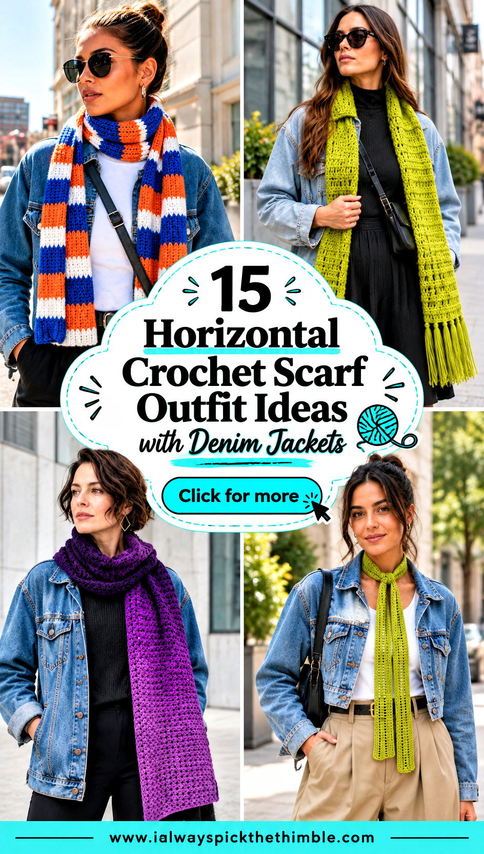 15 Horizontal Crochet Scarf Outfit Ideas with Denim Jackets - 15 Horizontal Crochet Scarf Outfit Ideas with Denim Jackets