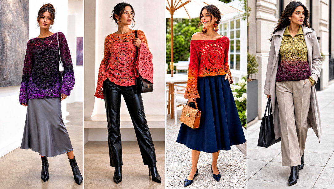 15 Mandala Ombre Crochet Sweater Outfit Ideas for Color Play