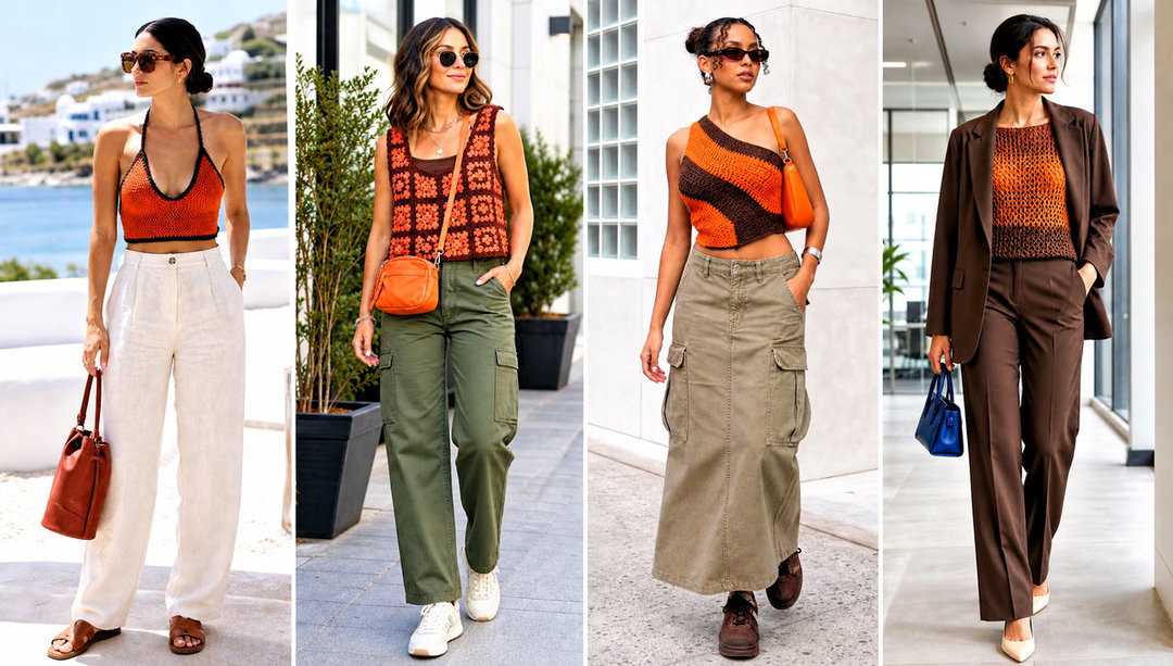 15 Orange and Brown Crochet Top Outfit Ideas for Retro Style