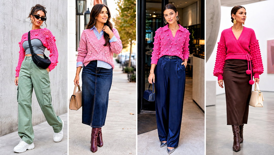 15 Pink Crochet Sweater with Pom Poms Outfit Ideas for Fall