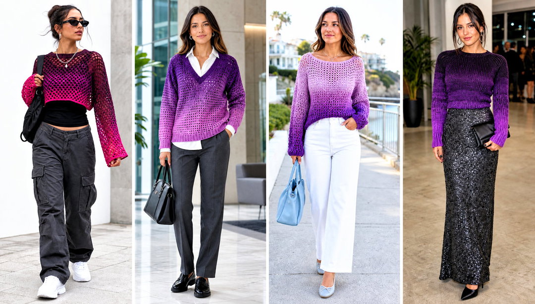 15 Purple Ombre Crochet Sweater Outfit Ideas with Neutrals