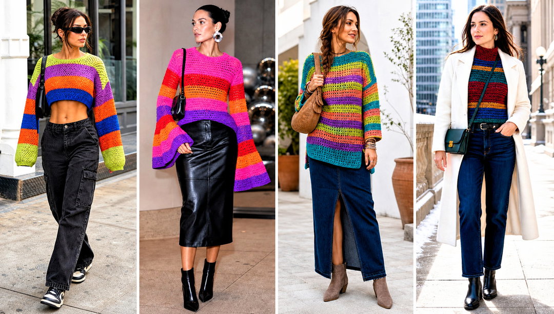 15 Rainbow Striped Crochet Sweater Outfit Ideas with Denim