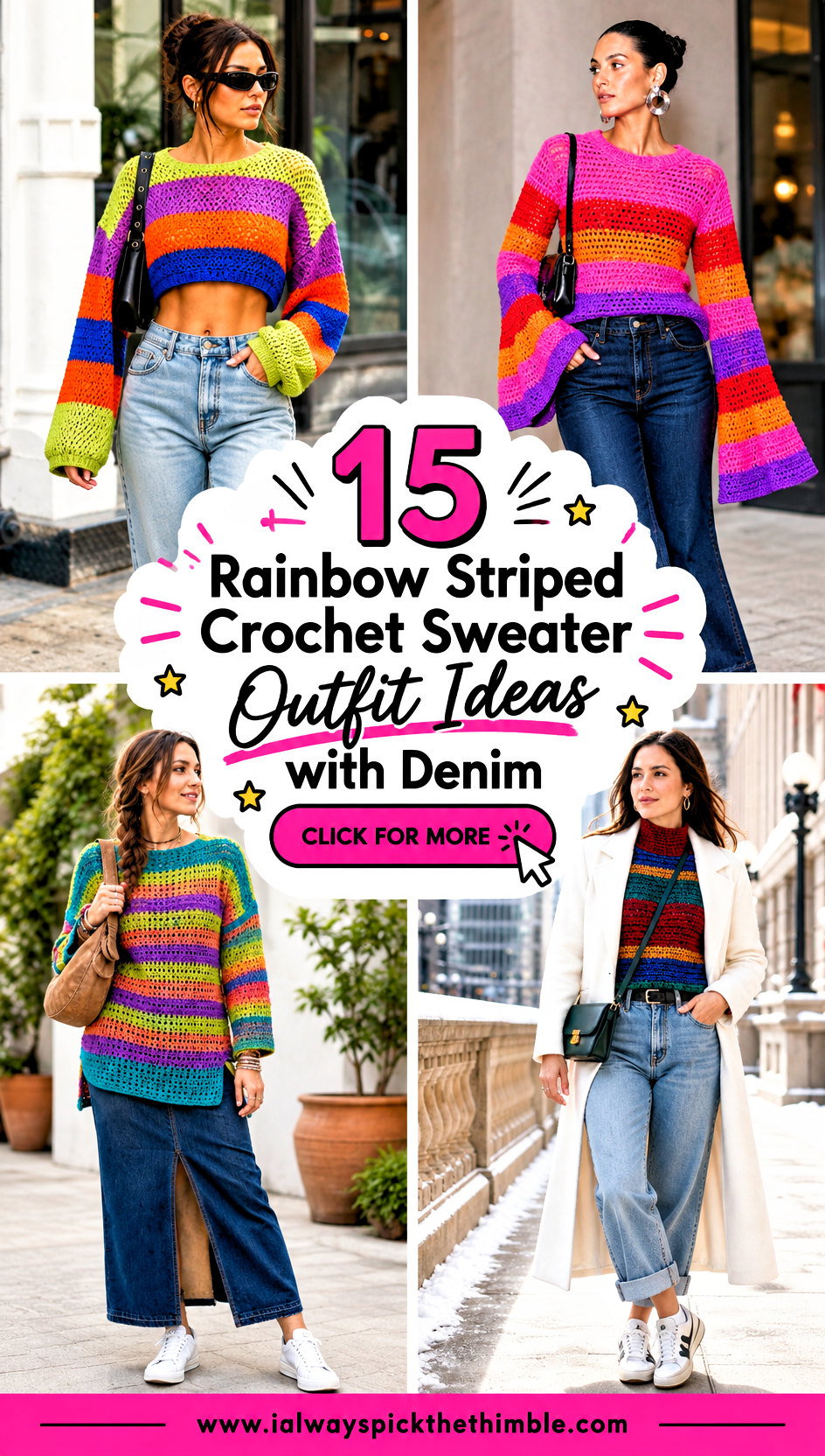 15 Rainbow Striped Crochet Sweater Outfit Ideas with Denim - 15 Rainbow Striped Crochet Sweater Outfit Ideas with Denim