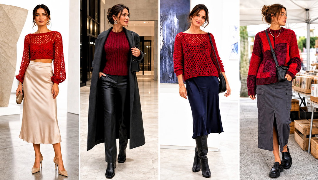 15 Red Crochet Sweater on Hanger Outfit Ideas for Cool Days