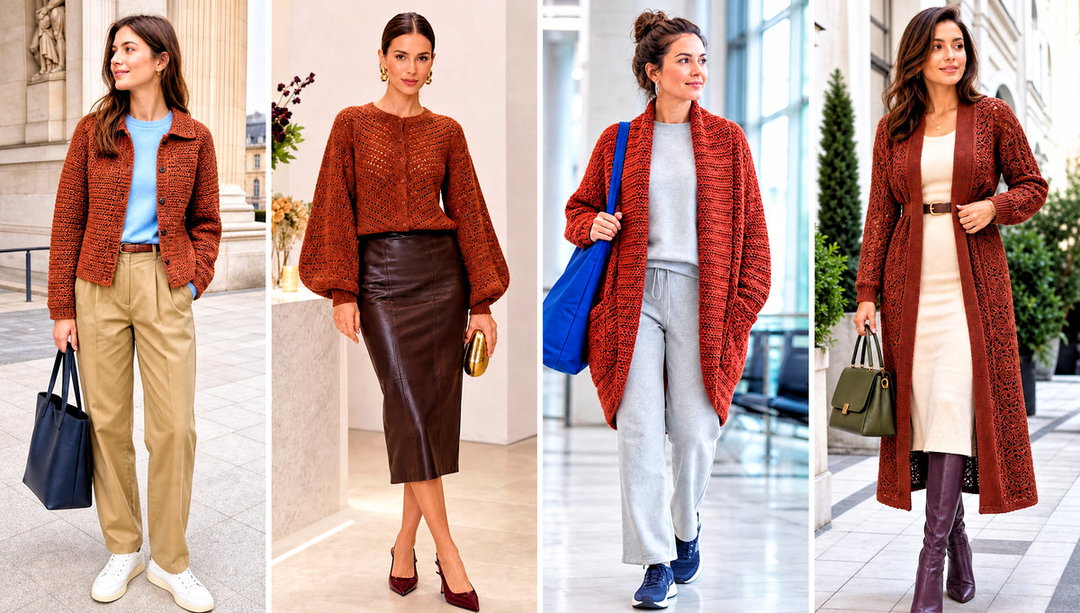 15 Rust-Colored Crochet Cardigan Outfit Ideas for Fall Days