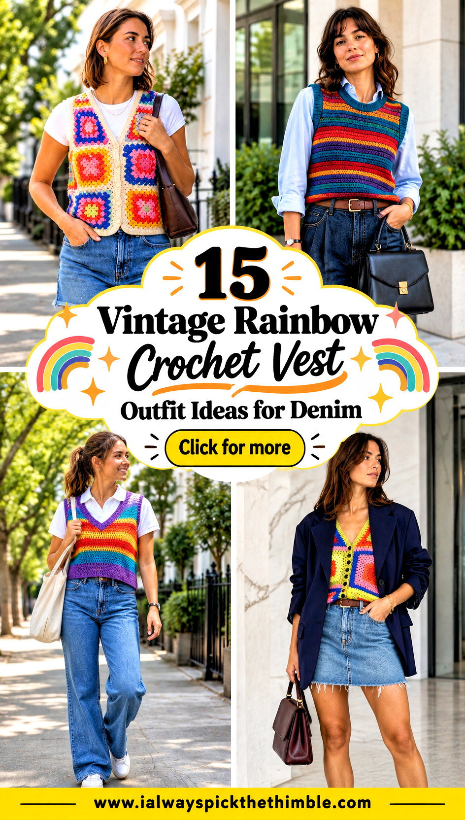 15 Vintage Rainbow Crochet Vest Outfit Ideas for Denim - 15 Vintage Rainbow Crochet Vest Outfit Ideas for Denim