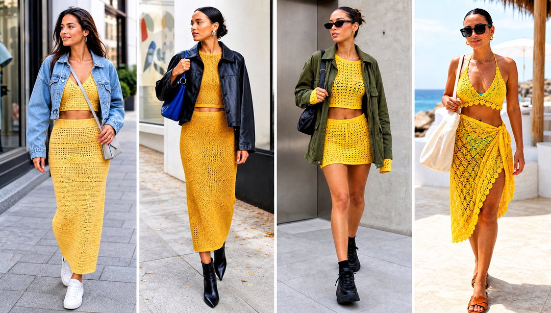 15 Yellow Crochet Top and Skirt Set Outfit Ideas for Trips