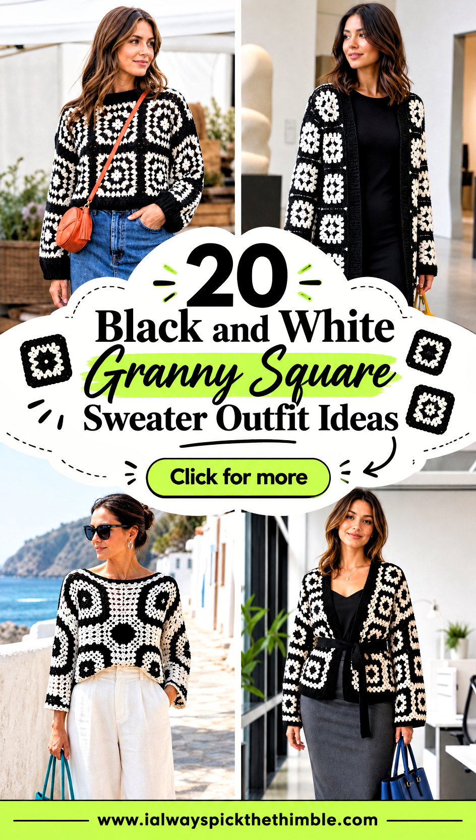 20 Black and White Granny Square Sweater Outfit Ideas - 20 Black and White Granny Square Sweater Outfit Ideas