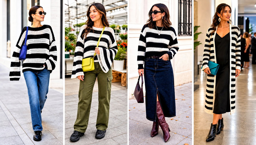 20 Black and White Striped Crochet Sweater Outfit Ideas