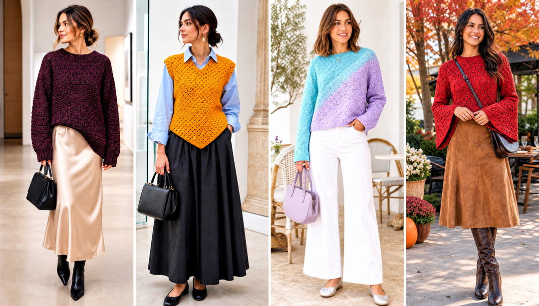 20 C2C Crochet Sweater Outfit Ideas for Colorful Layers