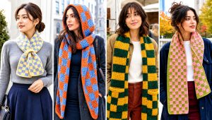 20 Checkered Crochet Scarf Outfit Ideas for Winter Walks
