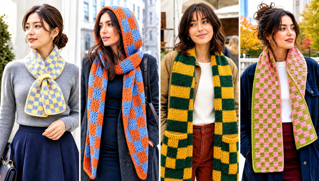 20 Checkered Crochet Scarf Outfit Ideas for Winter Walks