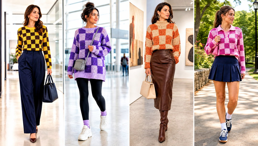 20 Checkered Crochet Sweater Outfit Ideas for Relaxed Days
