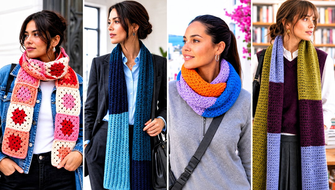20 Color Block Crochet Scarf Outfit Ideas for Bright Looks