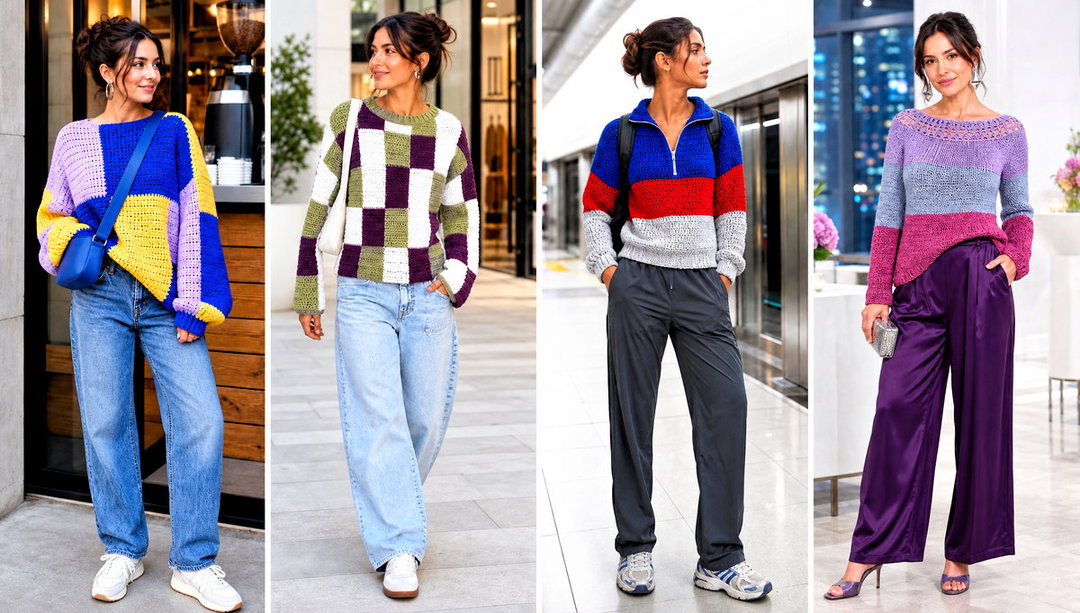 20 Color Block Crochet Sweater Outfit Ideas for City Style