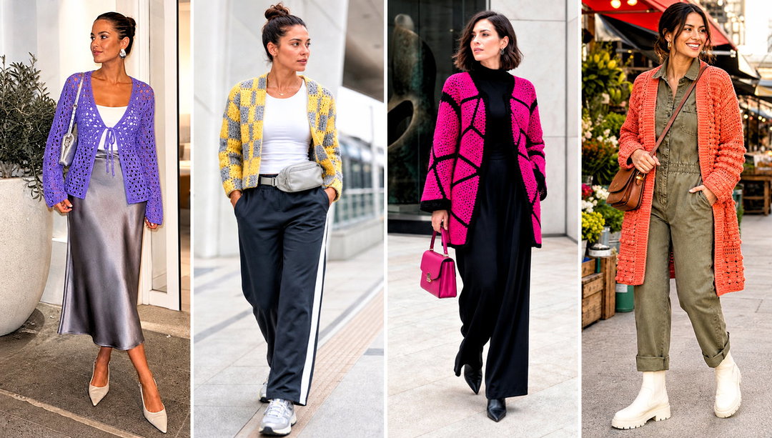 20 Crochet Block Cardigan Outfit Ideas for Colorful Layers