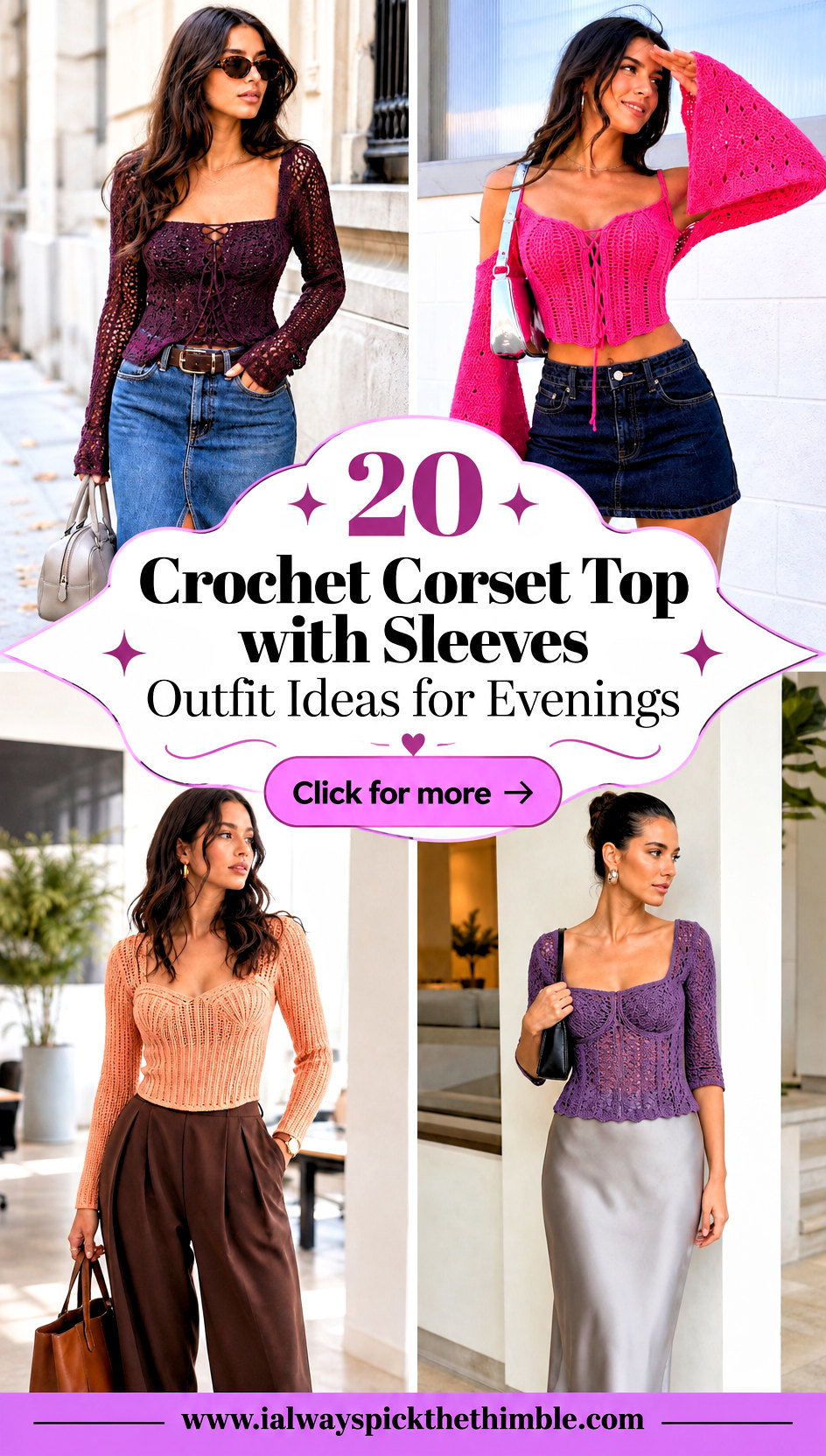 20 Crochet Corset Top with Sleeves Outfit Ideas for Evenings - 20 Crochet Corset Top with Sleeves Outfit Ideas for Evenings