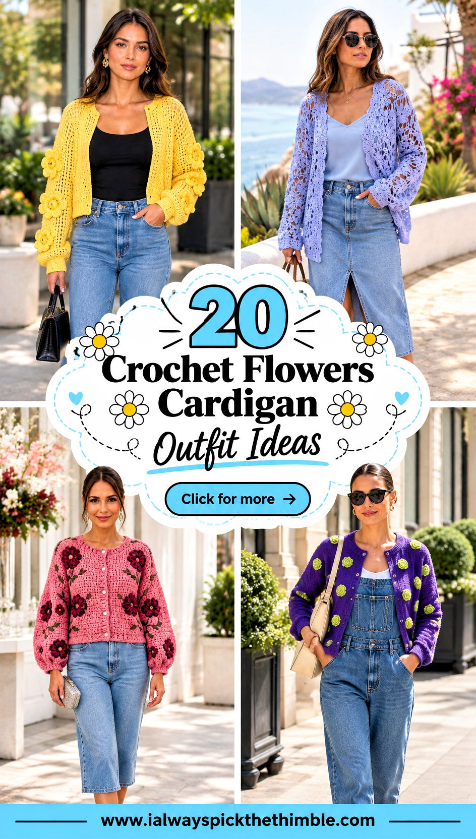 20 Crochet Flowers Cardigan Outfit Ideas for Denim Days - 20 Crochet Flowers Cardigan Outfit Ideas for Denim Days
