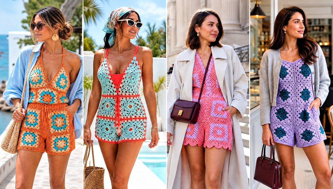 20 Crochet Granny Square Romper Outfit Ideas for Beach Days