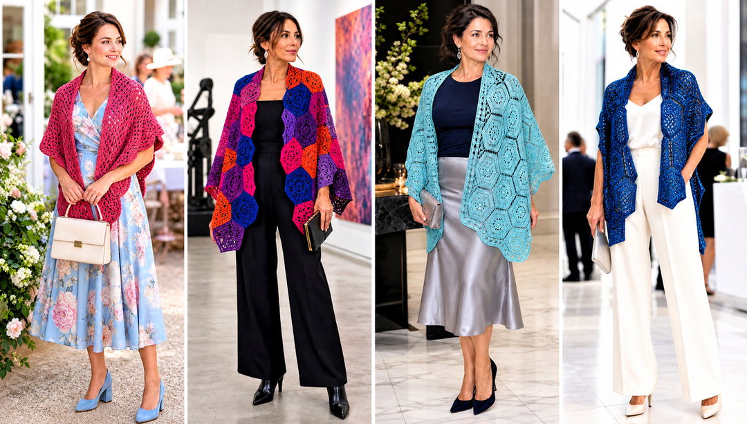 20 Crochet Hexagon Shawl Outfit Ideas for Dressy Layers
