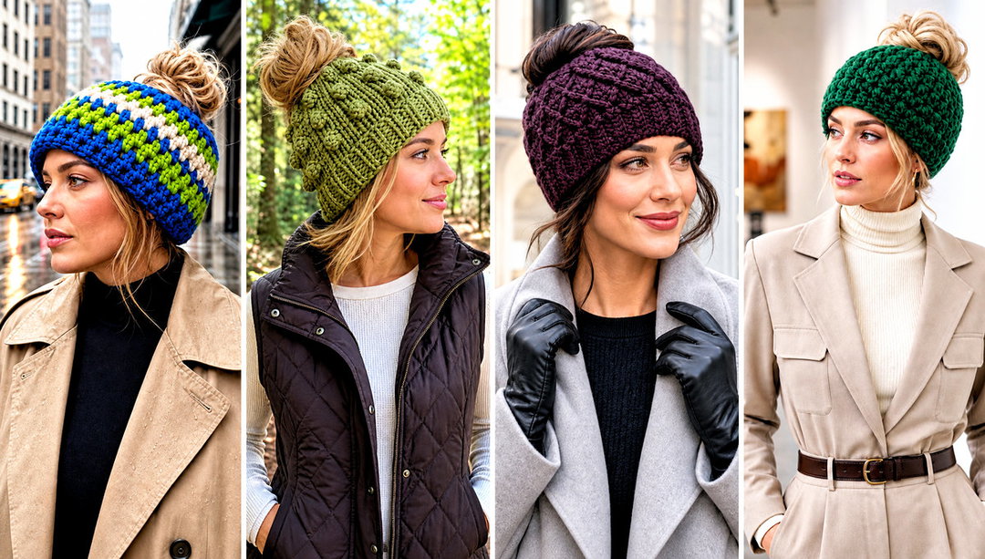 20 Crochet Messy Bun Hat Bulky Yarn Outfit Ideas for Snow
