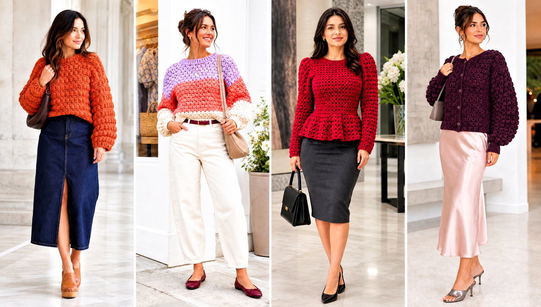 20 Crochet Puff Stitch Sweater Outfit Ideas With Denim