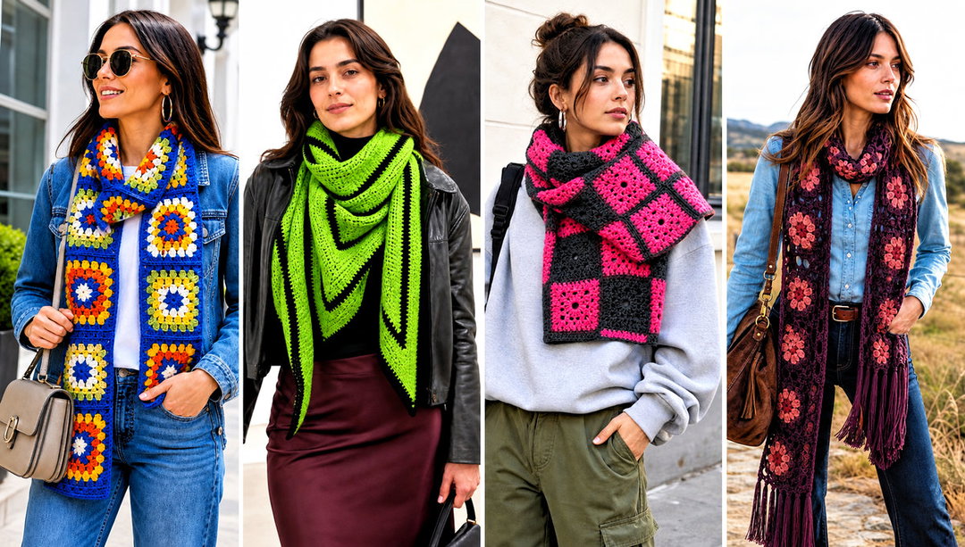 20 Crochet Scarf Squares Outfit Ideas for Retro Style