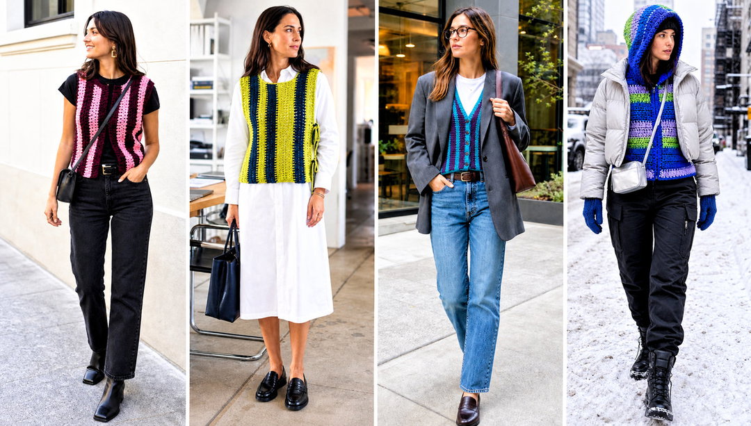 20 Crochet Vest Stripes Outfit Ideas for Playful Layers