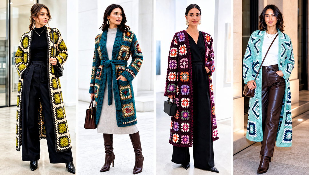 20 Granny Square Crochet Coat Outfit Ideas for Bold Layers
