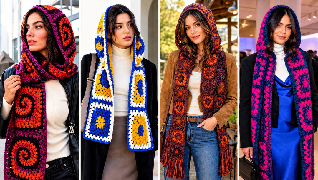 20 Granny Square Crochet Hooded Scarf Outfit Ideas to Layer