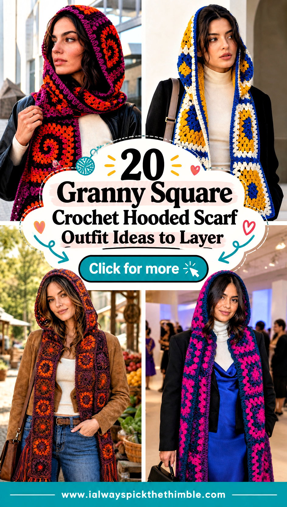 20 Granny Square Crochet Hooded Scarf Outfit Ideas to Layer - 20 Granny Square Crochet Hooded Scarf Outfit Ideas to Layer