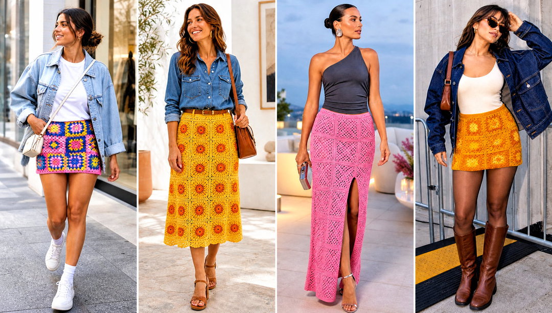 20 Granny Square Crochet Skirt Outfit Ideas for Easy Styling