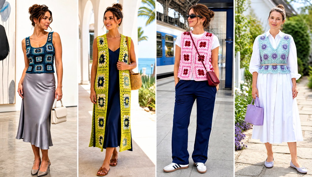 20 Granny Square Crochet Vest Outfit Ideas for Light Layers