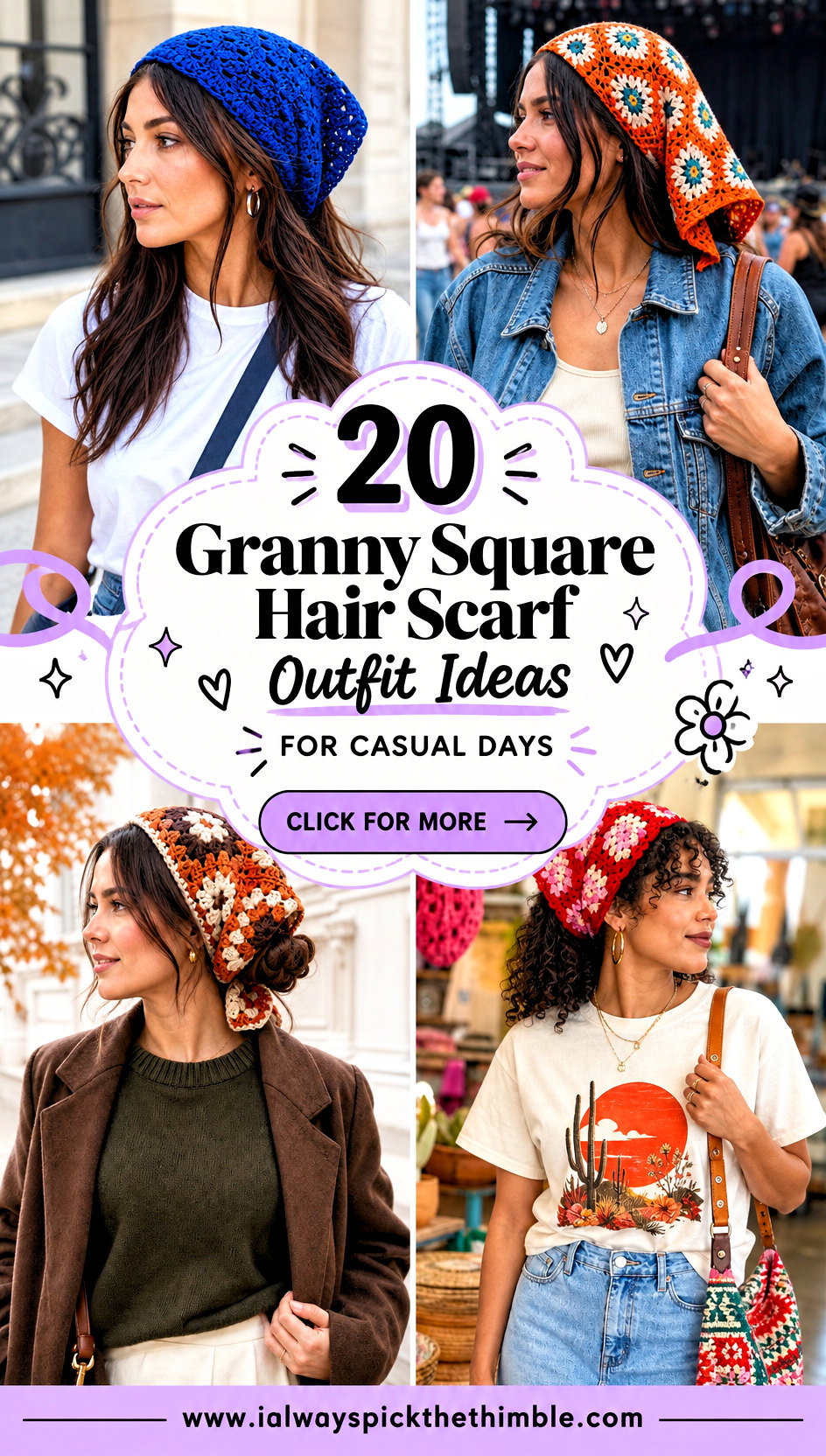 20 Granny Square Hair Scarf Outfit Ideas for Casual Days - 20 Granny Square Hair Scarf Outfit Ideas for Casual Days