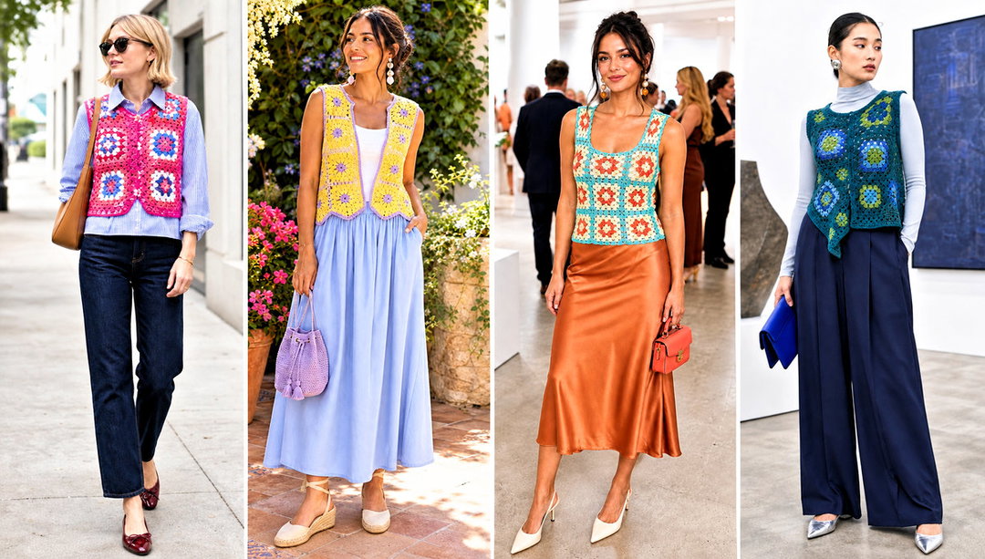 20 Granny Square Sleeveless Vest Outfit Ideas for City Days