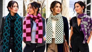 20 Mosaic Crochet Scarf Outfit Ideas for Colorful Layers