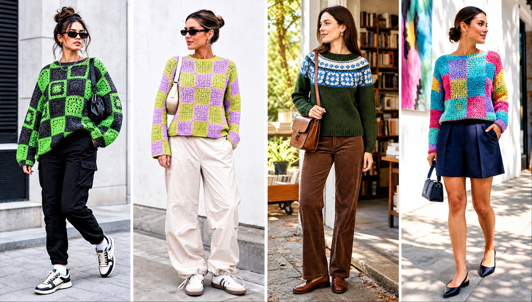 20 Mosaic Crochet Sweater Outfit Ideas for Bold Color