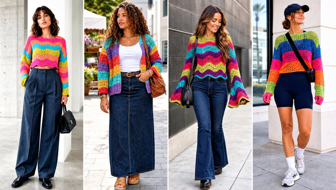 20 Rainbow Crochet Sweater Outfit Ideas for Cool Weather