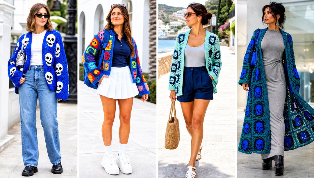 20 Skull Granny Square Cardigan Outfit Ideas for Fall